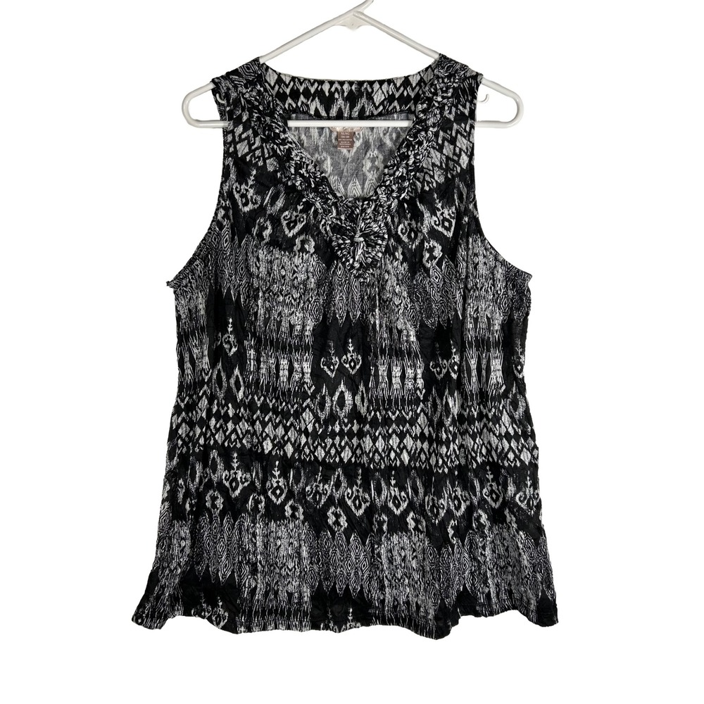 White Stag Womens XL Black White Ikat Geometric Braided V-Neck Sleeveless Top